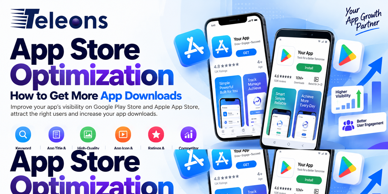 Teleons banner highlighting App Store Optimization strategies to improve mobile app visibility and increase app downloads.